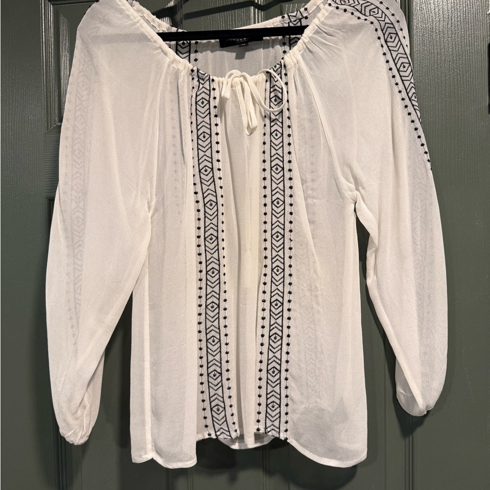 White Sheer Bohemian Blouse with Black Pattern Peasant Top XS